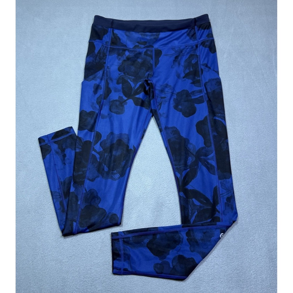 Lululemon Womens Size 8 Blue Black Floral Print Full Length Leggings Yoga Boho